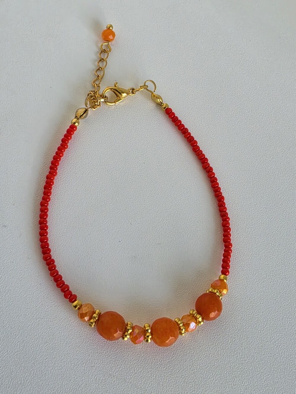 Orange Agate Beaded Bracelet Red Seed Beads Gold Plated Handmade 7"+2" - Picture 6 of 8